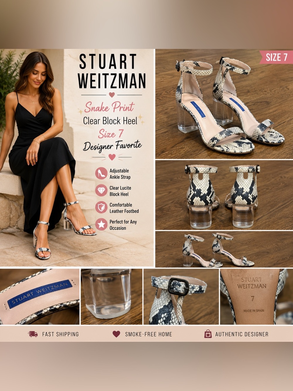 Stuart Weitzman Clear Block Heel Snake Print Sandals Size 7 Ankle Strap